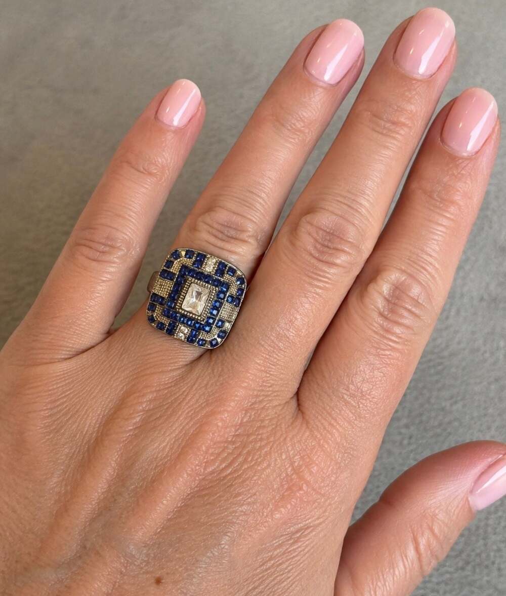 Art Deco Style Silver-Tone Cocktail Ring with Blue and Clear Cubic Zirconia